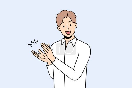 Illustration for Man claps and applauds to show support or appreciation for successful colleague who has been promoted. Guy applauds you as sign of pride and makes shouts of approval looking at screen. - Royalty Free Image