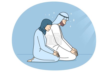 Illustration for Muslim man and woman in traditional clothes sit on floor praying to Allah. Religious Arabic couple in prayer show gratitude and faith. Religion and culture concept. Vector illustration. - Royalty Free Image