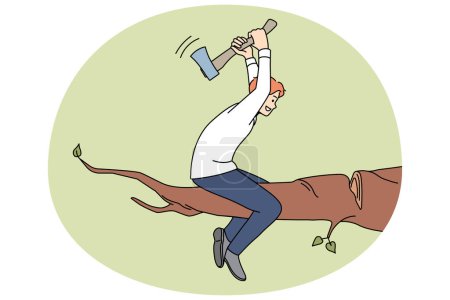 Man cutting branch on which he is sitting. Unreasonable deed and risky business affair. Vector illustration.