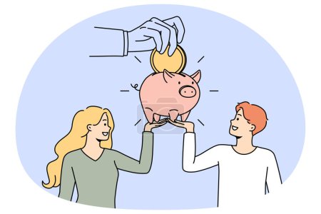 Illustration for Couple saving money in piggy bank care about future investments. Young family manage finances in piggybank. Financial stability and banking. Vector illustration. - Royalty Free Image