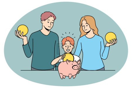 Illustration for Smiling young family with child put coin into piggybank. Happy parents and small kid invest money for future. Saving and finance stability. Vector illustration. - Royalty Free Image
