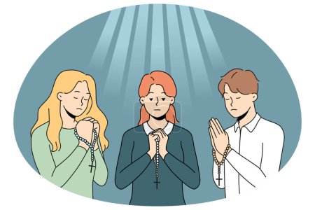 Illustration for People with rosary praying to go asking for good fate. Religious superstitious believers show faith and belief. Religion and prayer. Vector illustration. - Royalty Free Image