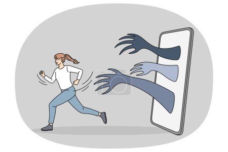Illustration for Scared woman run away from hands coming from mobile phone. Anxious girl flee from internet bullying and harassment on social media. Web abuse concept. Vector illustration. - Royalty Free Image