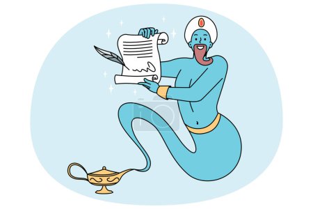 Illustration for Blue genie from golden bottle holding paper granting wishes. Jinn with magic powers showing poster with desires. Cartoon character fairy tale. Vector illustration. - Royalty Free Image