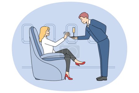 Téléchargez les illustrations : Woman get exceptional service in business class in plane. Rich female passenger get champagne on board in luxury first class airplane. Vector illustration. - en licence libre de droit