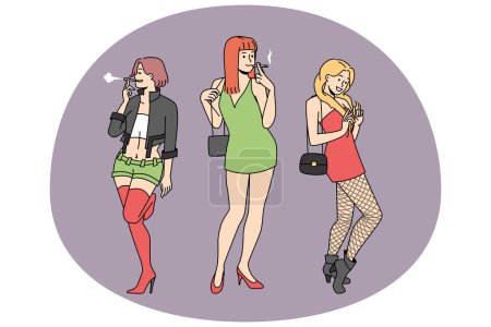 Groupe de filles en robes courtes debout dans la rue la nuit. Les prostituées travaillent dehors. Filles vulgaires en vêtements ouverts. Illustration vectorielle.