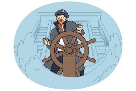 Illustration for Smiling captain standing at ship wheel during sea storm. Happy skipper at boat helm at ocean waves. Seatime and marine life. Vector illustration. - Royalty Free Image
