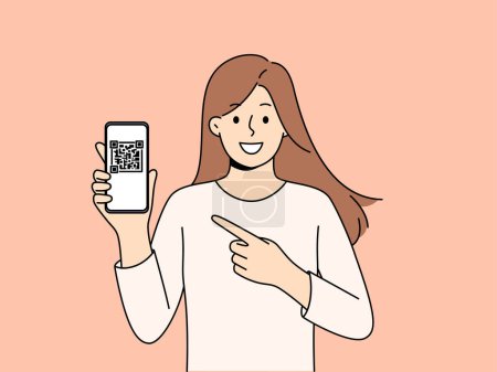 Ilustración de Mujer sostiene el teléfono demostrando el código QR para intercambiar contactos o confirmar la transferencia de dinero en línea. Joven chica de pelo largo con smartphone recomienda el uso de la tecnología QR en gadgets móviles - Imagen libre de derechos