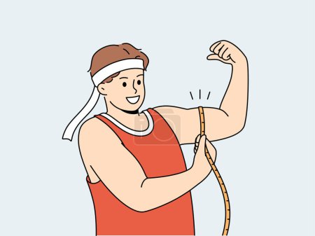 Illustration for Strong man shows biceps and uses measuring tape to check size of muscles on arm. Strong guy in sportswear boasts about size of biceps and recommends doing bodybuilding or arm wrestling - Royalty Free Image