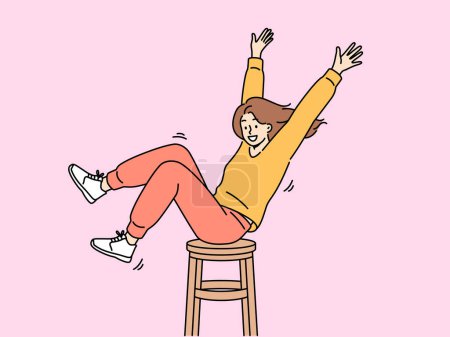 Illustration for Happy girl is spinning on wooden chair, raising hands up and sharing good mood with others. Positive teenager girl in stylish clothes enjoys life without wanting to pay attention to troubles - Royalty Free Image