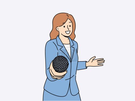 Illustration for Woman reporter with microphone wants to take interview and asks questions of interlocutor by bringing mike to screen. Girl holds microphone in hand offering you to share opinion on current events. - Royalty Free Image