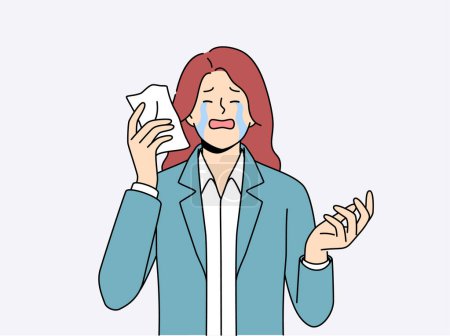 Ilustración de Mujer molesta llorando limpiando lágrimas con servilleta de papel después de que el negocio fuera a la quiebra debido a la crisis financiera. Triste empresaria llorando y necesitando apoyo para resolver problemas psicológicos - Imagen libre de derechos
