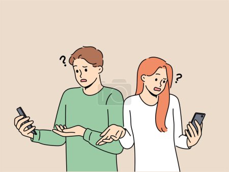 Illustration for Embarrassed people with phone see error connecting to internet wifi or dead battery of gadget shrug. Man and woman are having problems due to broken mobile phone or reading fake news. - Royalty Free Image