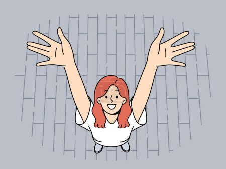 Illustration for Happy woman raises hands up standing on street pavement and smiles looking at screen. Happy girl in short-sleeved t-shirt rejoices at opportunity to go for walk and absence of important things to do - Royalty Free Image