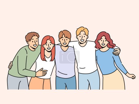 Illustration for Group of teenagers high school students hug and laugh, enjoy being friends with peers and classmates. Team of happy teenagers looking at screen for advertising educational services - Royalty Free Image