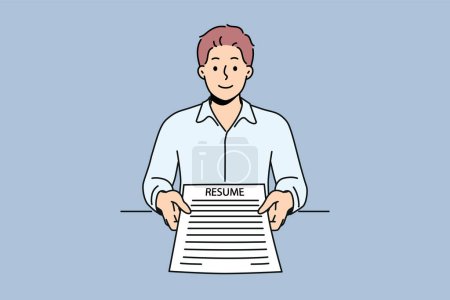 Illustration for Man applicant with resume in hands came to interview in company to get desired job with high salary. Ambitious guy with resume recommends familiarizing yourself with skills and personal data - Royalty Free Image