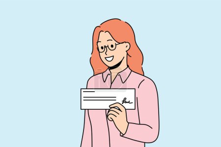 Woman with paycheck in hand smiles demonstrating financial document confirming receipt of salary or bonus. Signed paycheck in hands of businesswoman who closed deal and received payment from buyer