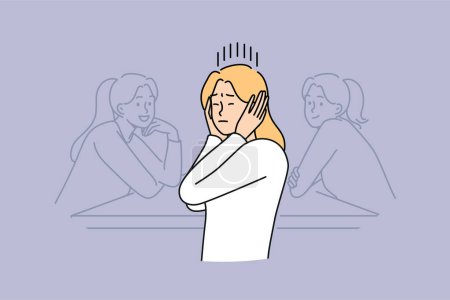 Woman covers ears by refusing to listen to statements of toxic colleagues and ignoring criticism when performing professional tasks. Girl office worker sits at table ignoring words of others