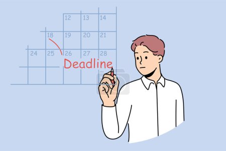 Business man fills in calendar and makes note of deadlines so as not to miss day of reporting to customer. Guy works as team leader and keeps track of deadlines for data to complete tasks.