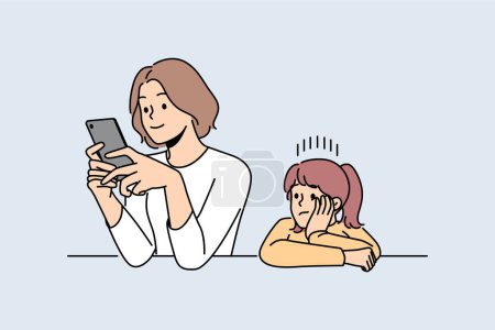 Illustration for Busy mother does not pay attention to child, being addicted to mobile phone and forgetting about daughter. Woman with smartphone is not engaged in raising child due to lack of time. - Royalty Free Image