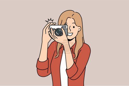 Illustration for Woman with camera with smile takes photo for publication in newspaper or on pages of personal internet blog. Young happy girl uses camera to capture picturesque locations while traveling - Royalty Free Image
