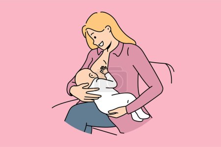 Illustration for Woman breastfeeds infant and smiles, experiencing joy of motherhood after birth of first child. Happy mom sits on couch and breastfeeds baby, for concept of giving up artificial baby food - Royalty Free Image