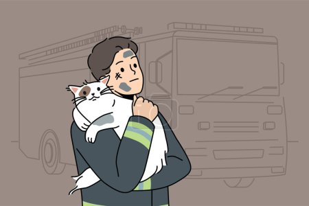 Illustration for Man firefighter with cat heroically rescued from burning house stands near fire truck and hugs pet. Brave guy in uniform of firefighter or rescue worker helped cat get out of trouble - Royalty Free Image