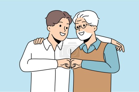 Illustration for Young son and elderly father hug and bump fists to demonstrate unity and friendship between generations. Man of different ages say together we are strength, calling to be friends for generations - Royalty Free Image
