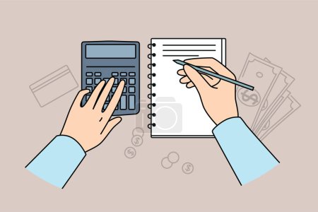 Hands of accountant using calculator for auditing and making entries in financial journal, located at table with money. Accounting services for preparation of financial analysis for business clients