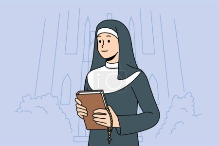 Illustration for Woman nun with bible stands near church calling to visit christian shrines and study gospel or religious prayers. Catholic nun in white and black cassock holds cross for traditional orthodox rituals. - Royalty Free Image