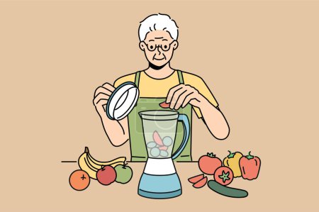 El anciano usa licuadora y prepara batidos de frutas y verduras frescas para mantenerse saludable. Hombre jubilado prepara batidos y sigue la dieta de vitaminas prescrita por el médico nutricionista
