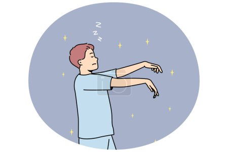 Illustration for Man in pyjama sleepwalking at night. Young male asleep in pajama walking in sleep. Vector illustration. - Royalty Free Image