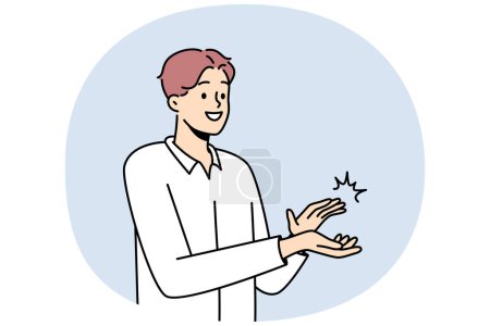 Illustration for Smiling man clapping hands thanking or showing appreciation. Happy businessman applaud celebrate good deal. Acknowledgement and gratitude. Vector illustration. - Royalty Free Image