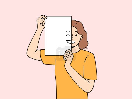 Illustration for Smiling woman holding piece of paper with emoji in front of face and looking at screen. Positive girl with partially painted smile is sharing good mood and positive emotions with you. - Royalty Free Image