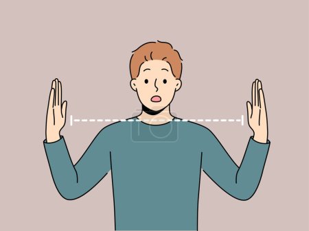 Illustration for Surprised man spreads arms wide and is shocked by size of object or problem that has arisen. Surprised guy opens mouth and looks at screen, embarrassedly learning about big trouble. - Royalty Free Image