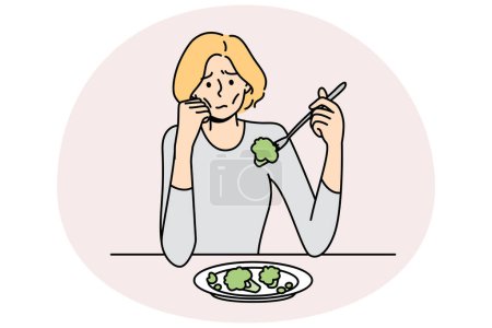 Ilustración de Unhappy anorexic woman suffer eating food. Upset stressed skinny female struggle with meal disorder. Health problem and healthcare. Vector illustration. - Imagen libre de derechos