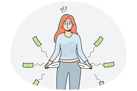 Frustrated young woman with empty pockets suffer from bankruptcy. Unhappy sad female struggle with debt or financial problems. Vector illustration.