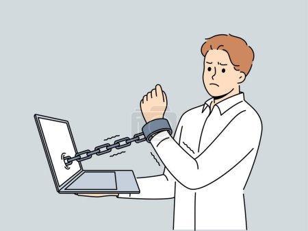 Illustration for Man handcuffed to laptop symbolizes slavery of clerks and freelancers working through internet. Guy suffers from online addiction and slavery or lack of time for rest associated with strict deadlines - Royalty Free Image