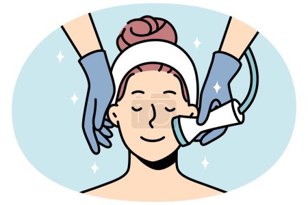 Woman enjoy face skin treatment in saloon. Happy calm female client having microdermabrasion peeling in spa. Skincare routine. Vector illustration.