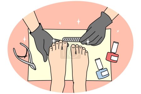Ilustración de Closeup of woman get pedicure in salon. Female client care about hygiene and look of toe nails. Beauty concept. Vector illustration. - Imagen libre de derechos