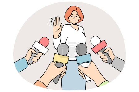 Illustration for Woman make no comment gesture at interview with reporters. Determined female show stop hand sign refuse talk with journalists. Vector illustration. - Royalty Free Image