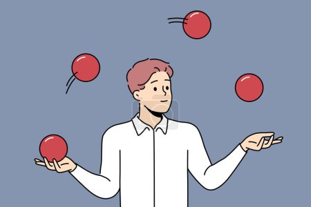 Der Geschäftsmann jongliert mit Bällen, um Multitasking-Fähigkeiten und die Fähigkeit, das Gleichgewicht zu halten, zu demonstrieren. Guy jongliert mit interessanten und erstaunlichen Tricks aus dem Repertoire der Zirkusartisten