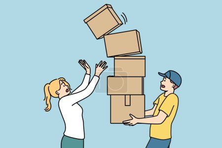 Illustration for Man courier carries stack of boxes and drops one of parcels standing near woman recipient of order. Clumsy courier risks spoiling goods during delivery due to lack of professionalism - Royalty Free Image