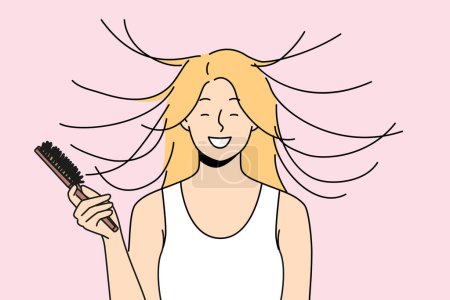 Illustration for Woman combs hair and smiles, seeing effect of static magnetization of hairstyle. Funny young blonde girl takes care of own hair getting ready for date and laughing feeling surge of positive emotions - Royalty Free Image