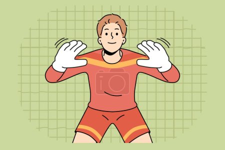 Illustration for Man football goalkeeper of getting ready to take kick from players from opposing team. Guy is professional football player participating in premier league or prestigious olympic tournament - Royalty Free Image
