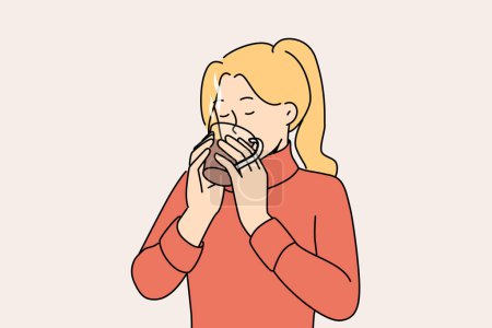 Illustration for Woman drinks hot tea to keep warm and quench thirst after walk in park in cold winter weather. Girl in sweater holds mug of tea and enjoys taste and aroma of drink made from natural herbs - Royalty Free Image