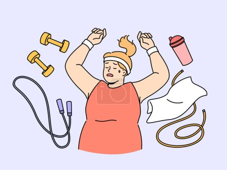 Fat woman lies on floor among fitness accessories, falling asleep after workout and dreaming of getting rid of overweight. Lazy girl does not want to go in for sports and fight overweight
