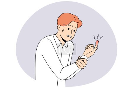 Unhappy man suffer from finger trauma. Unwell guy look at red bruised hand. Hand damage concept. Vector illustration.