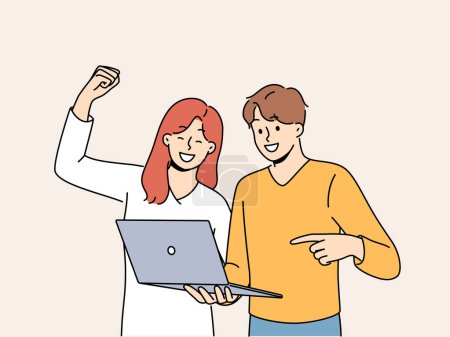 Happy couple with laptop make win gesture after winning in online casino or lottery with cash prize. Man and woman make video call together in laptop and rejoice after learning good news