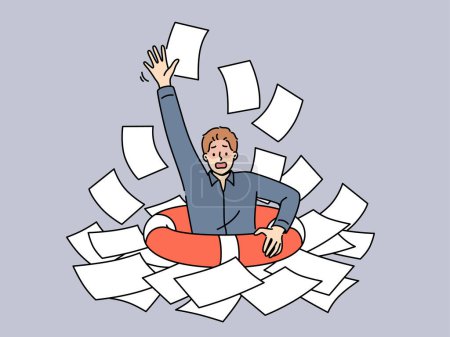 Business man with lifeline is drowning in paperwork, suffering from burnout-causing bureaucracy. Corporate manager guy needs help with digitalization and getting rid of bureaucracy.